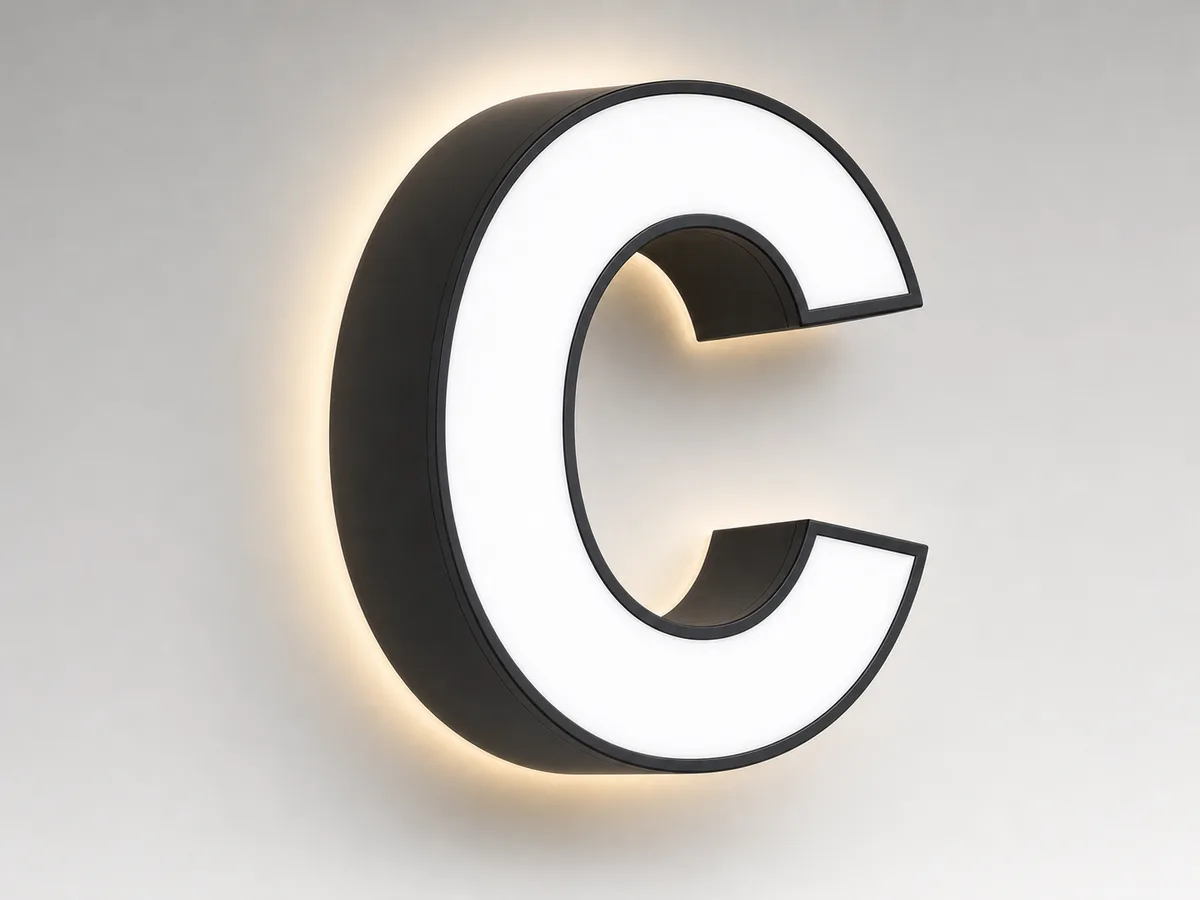 Dual-Lit channel letter showing both a glowing translucent face and a soft halo cast behind it onto the wall.
