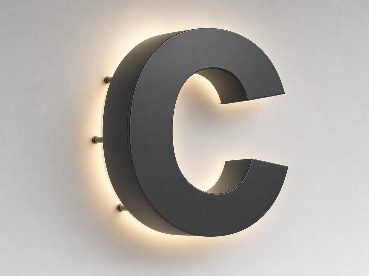 Halo-Lit channel letter with a solid painted stainless face throwing a soft white halo onto the wall behind it.