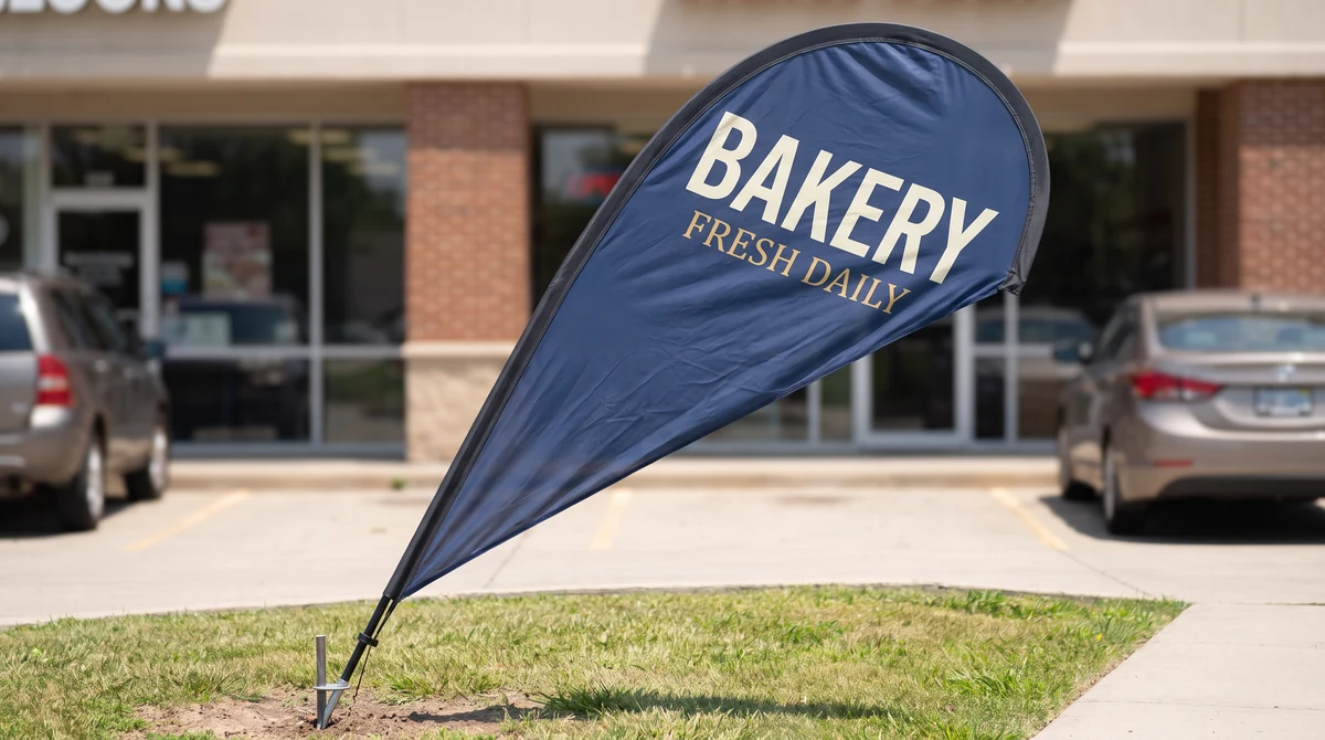 Teardrop flag with a wide rounded top tapering to a point, on a curved pole.
