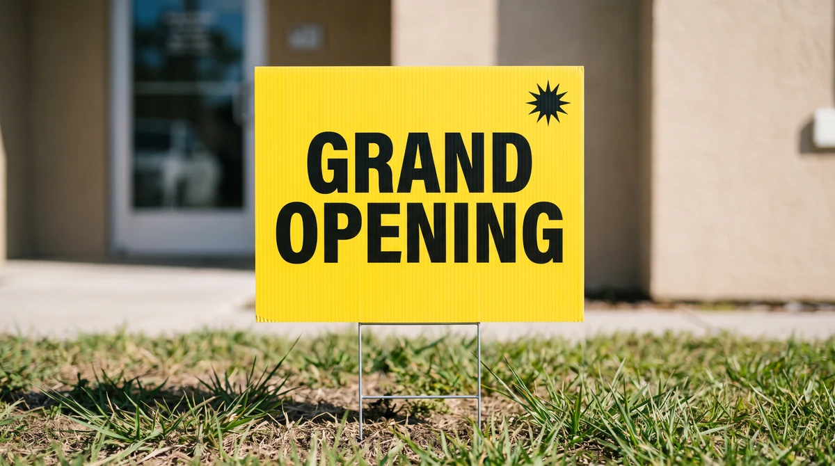 Grand opening event yard sign, 24 by 18 inches, on a galvanized H-stake.