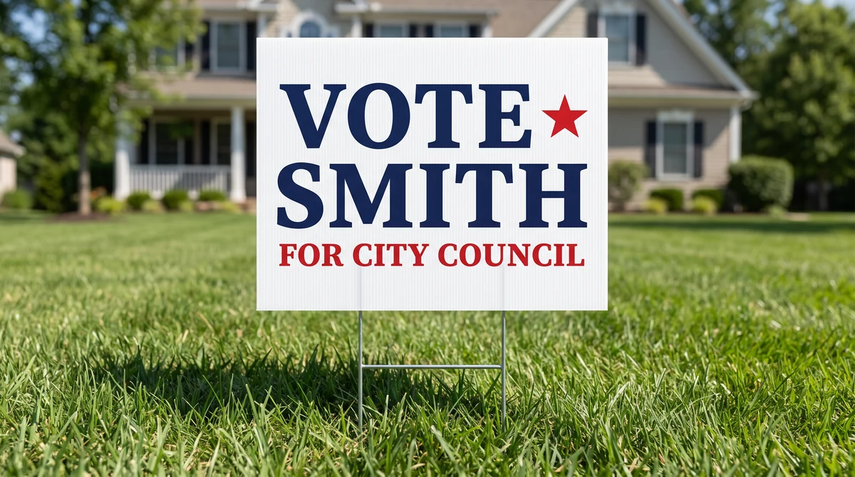 Political campaign yard sign, 24 by 18 inches, double-sided, on a galvanized H-stake.