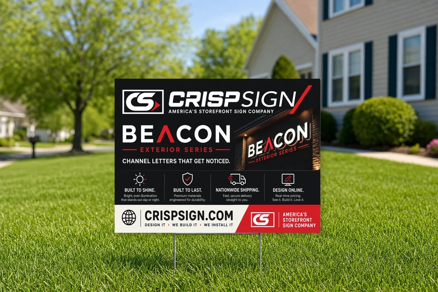 Coroplast yard sign on a real H-stake in a suburban front yard.
