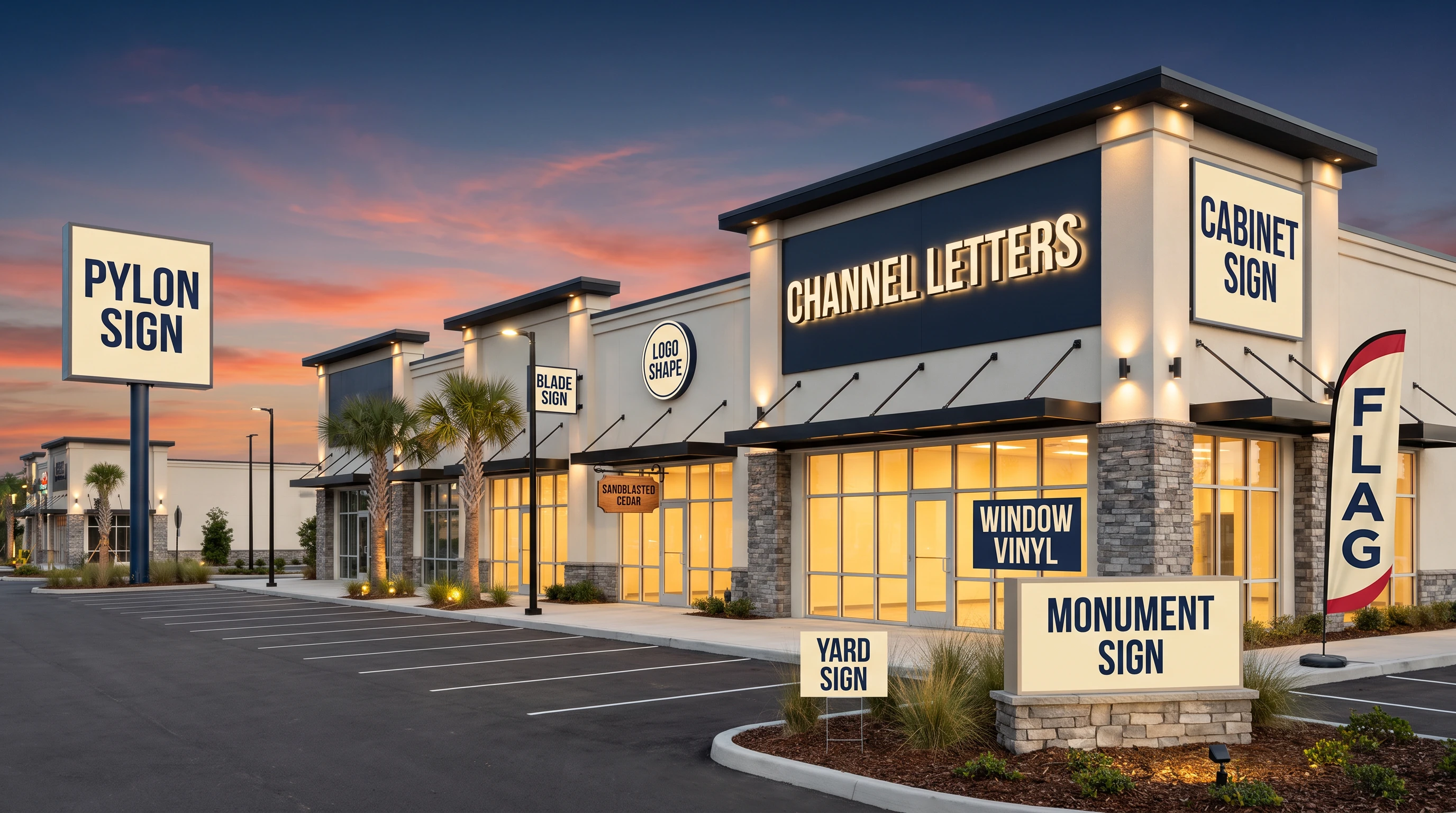 Modern coastal strip mall at dusk showing every CrispBeacon exterior sign type