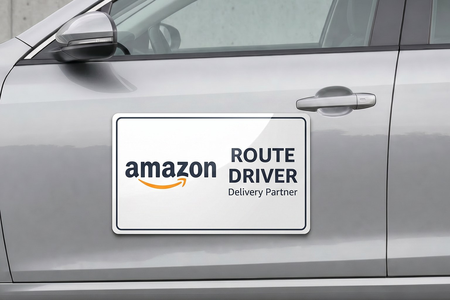 30-mil heavy-duty magnetic sign with the Amazon logo and Route Driver / Delivery Partner text, held on a silver sedan door — ready to peel off clean at the end of a shift.