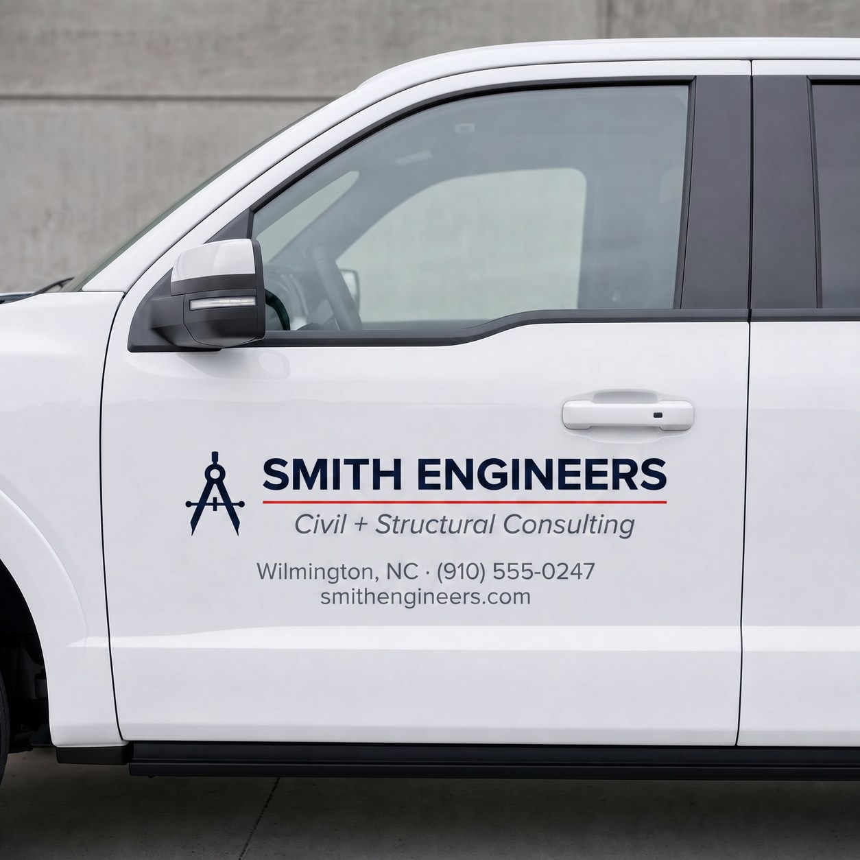 3M cast-vinyl door decal for Smith Engineers, a civil and structural consulting firm in Wilmington, NC, applied to a white service-truck door.