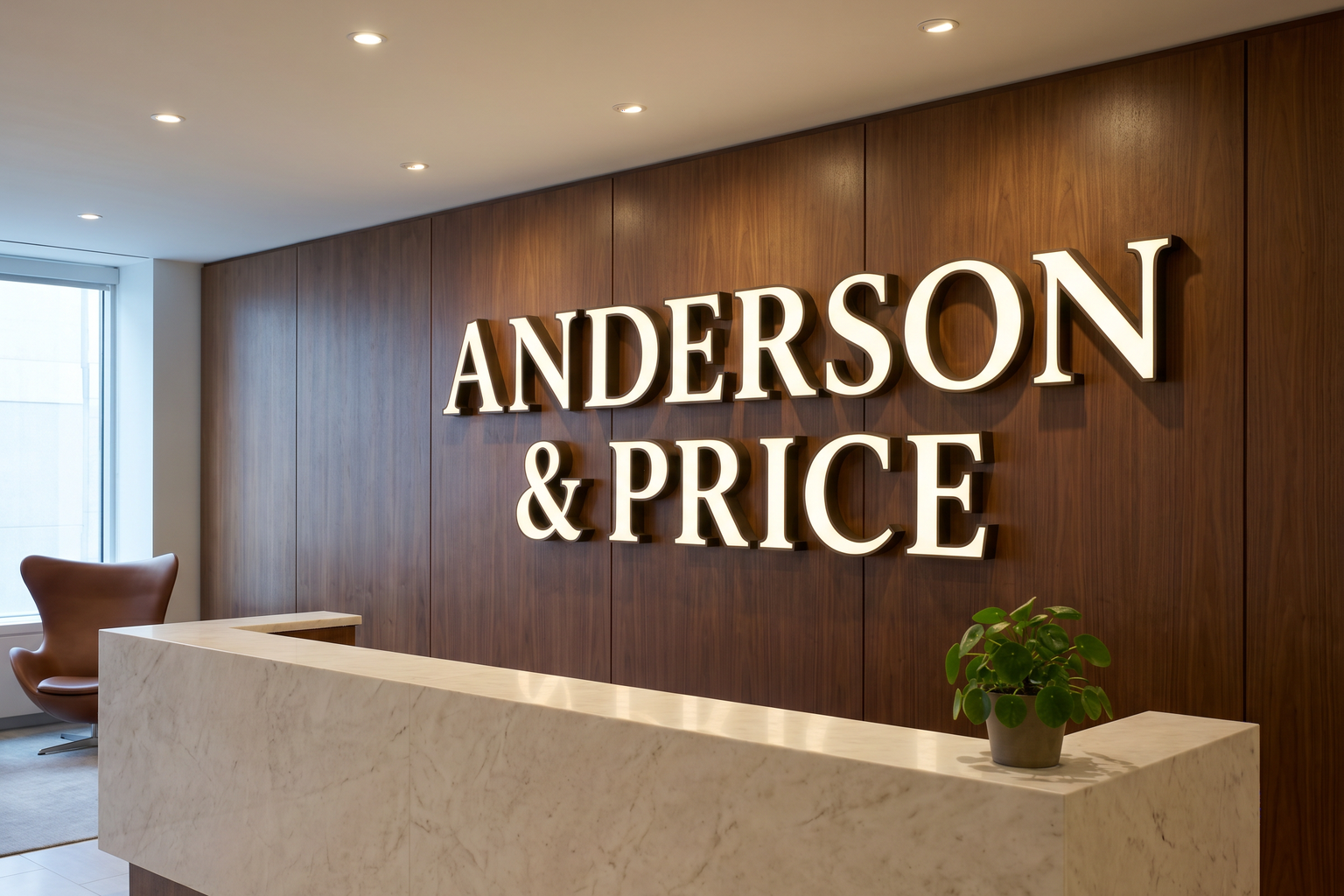 Trimless channel letters reading Anderson & Price softly face-lit on a walnut wood-panel feature wall above a marble reception desk in a law-firm lobby.