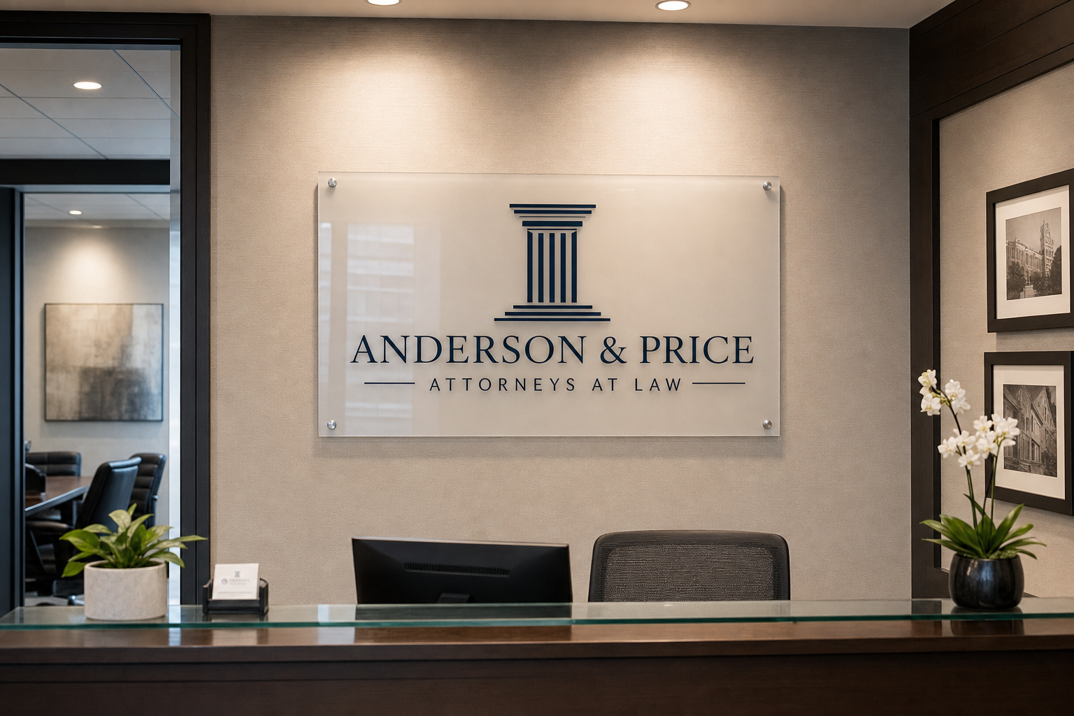 Printed clear-acrylic LobbyPanel reading Anderson & Price, Attorneys at Law, floated on polished metal standoffs above a law-office reception desk.