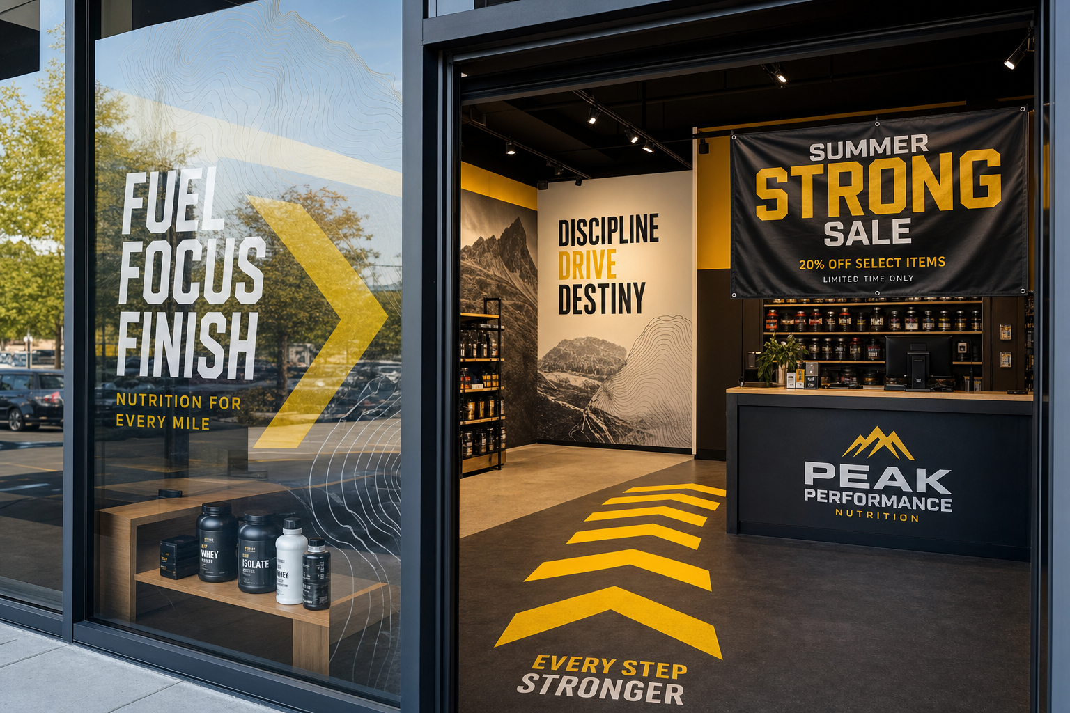 A retail interior using every vinyl use case at once — a printed window graphic on the storefront glass, a full wall mural, directional floor graphics down the aisle, and a hanging sale banner over the counter.