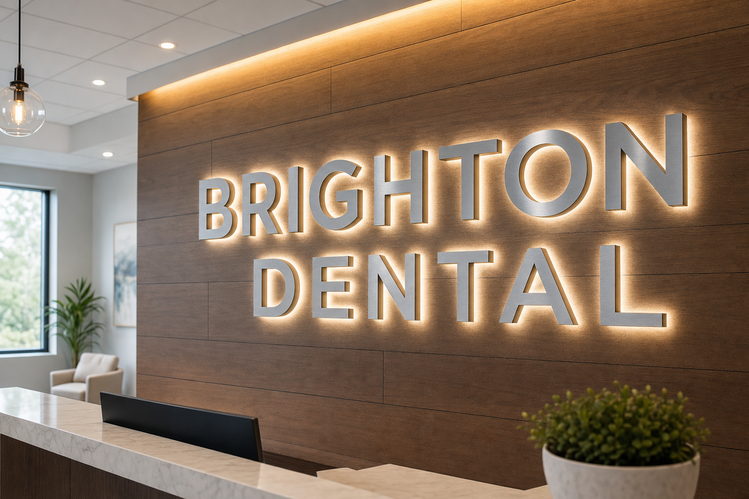 Halo-lit dimensional channel letters reading Brighton Dental, glowing on a wood reception wall.