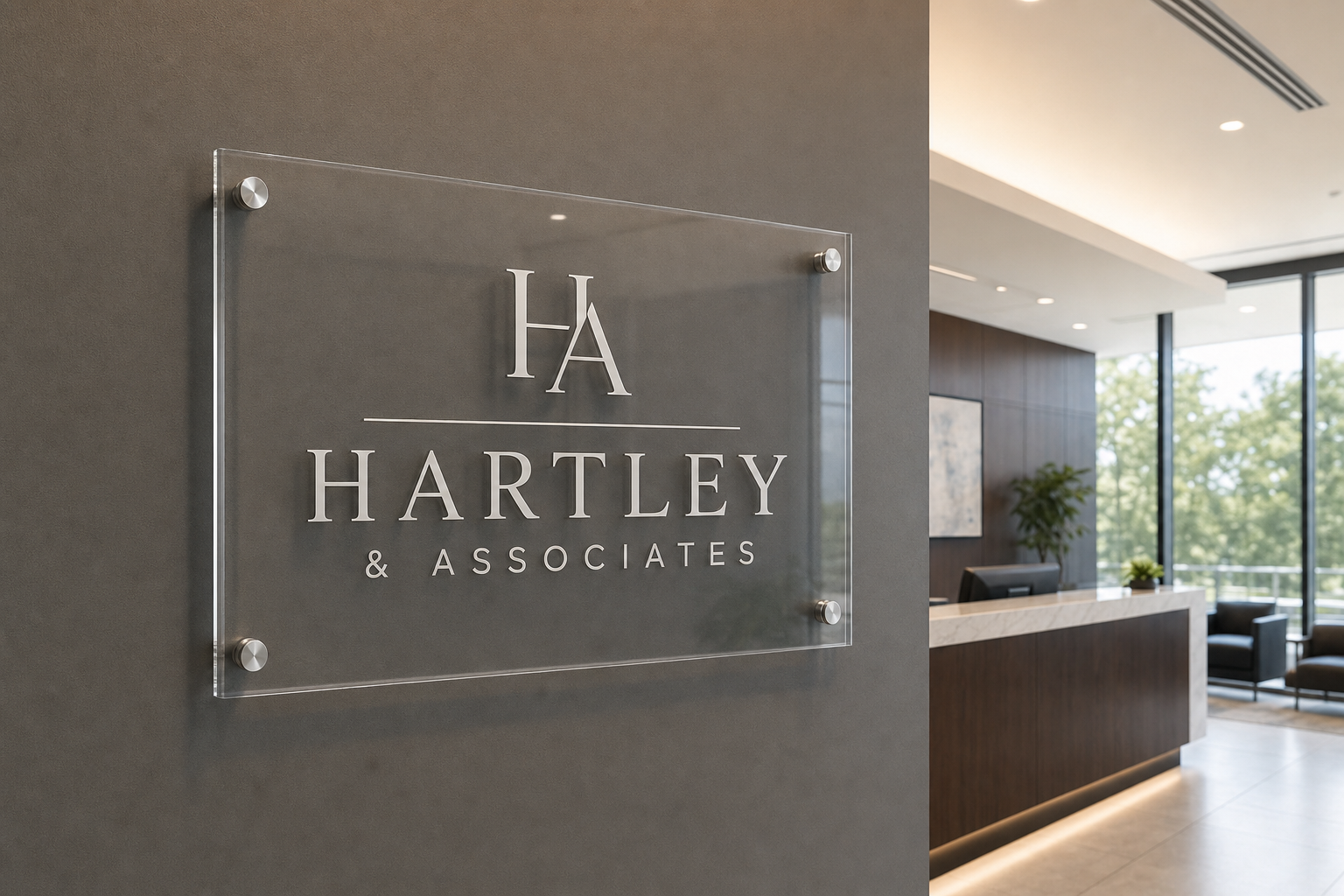 Printed clear-acrylic panel reading Hartley & Associates, floated on metal standoffs in a law-office reception.