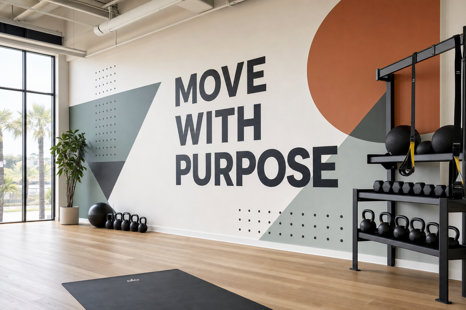 Large-format printed wall mural reading Move With Purpose in a customer-facing interior.